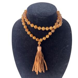 Carnelian Agate and Leather Tassel Necklace Beaded Brown Boho 12" Brown Pullover